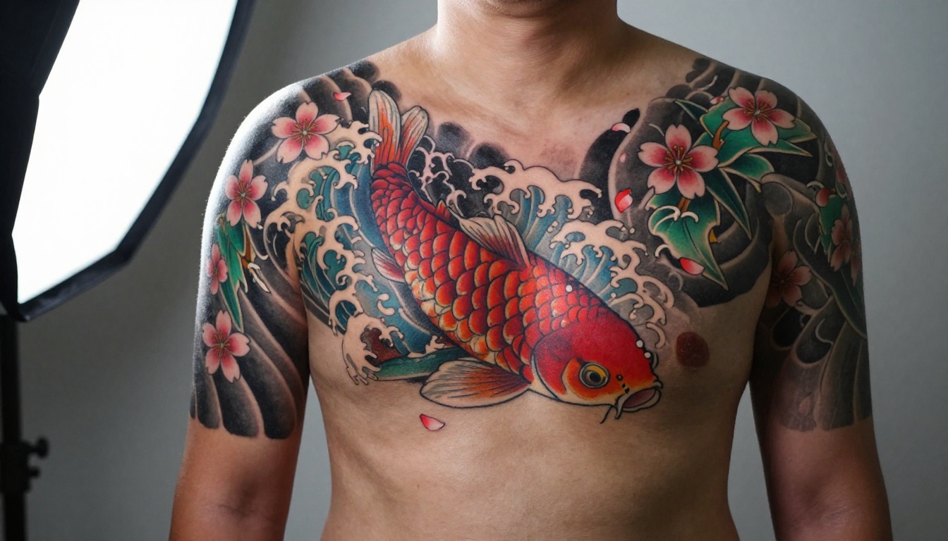 Professional studio photography of a large traditional Japanese koi fish tattoo covering a person's upper back, vivid colors showing skilled craftsmanship Professional studio photography of a large traditional Japanese koi fish tattoo covering a person's upper back, vivid colors showing skilled craftsmanship