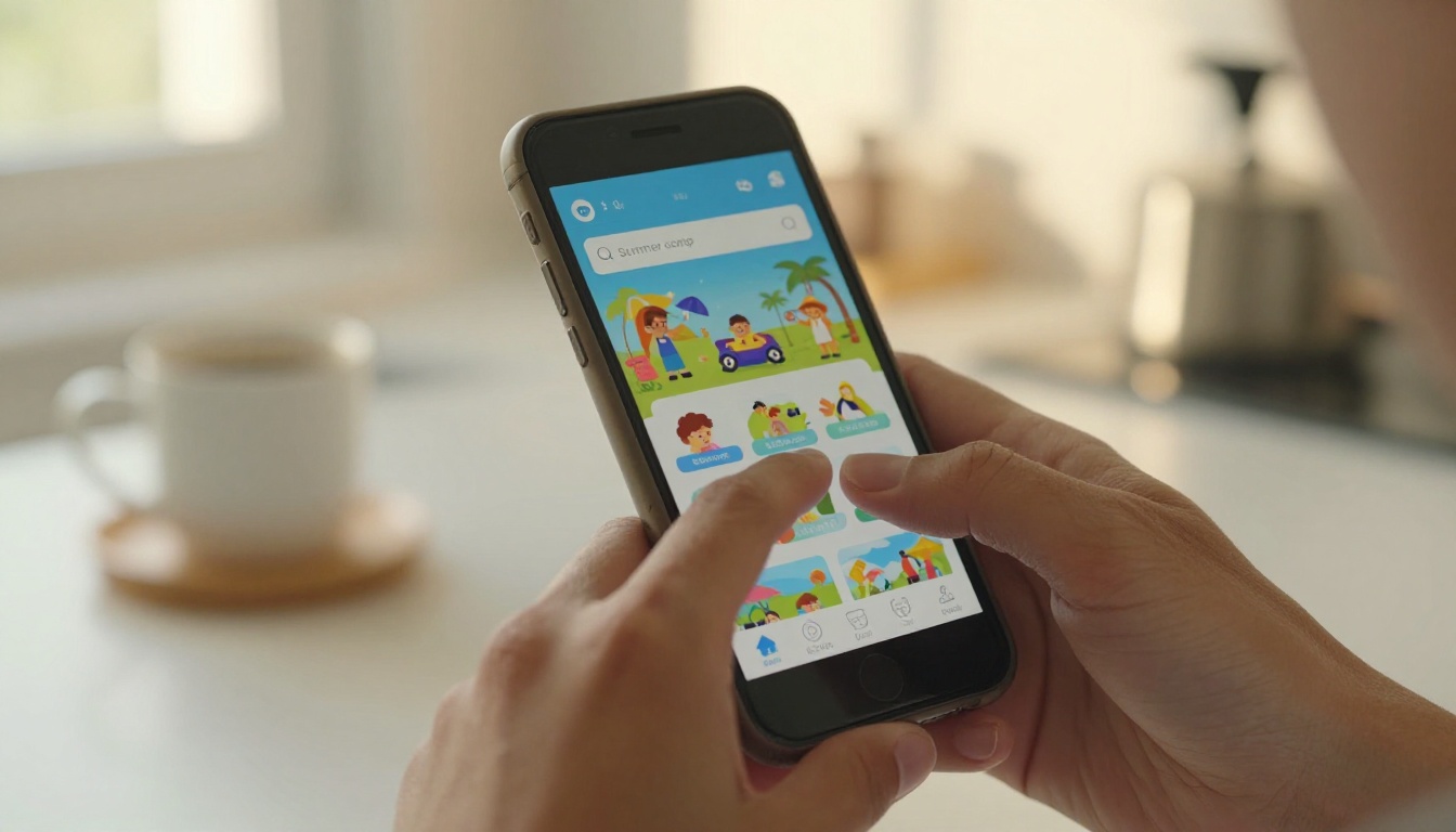 A parent holding a smartphone displaying an interactive summer camp flipbook A parent holding a smartphone displaying an interactive summer camp flipbook