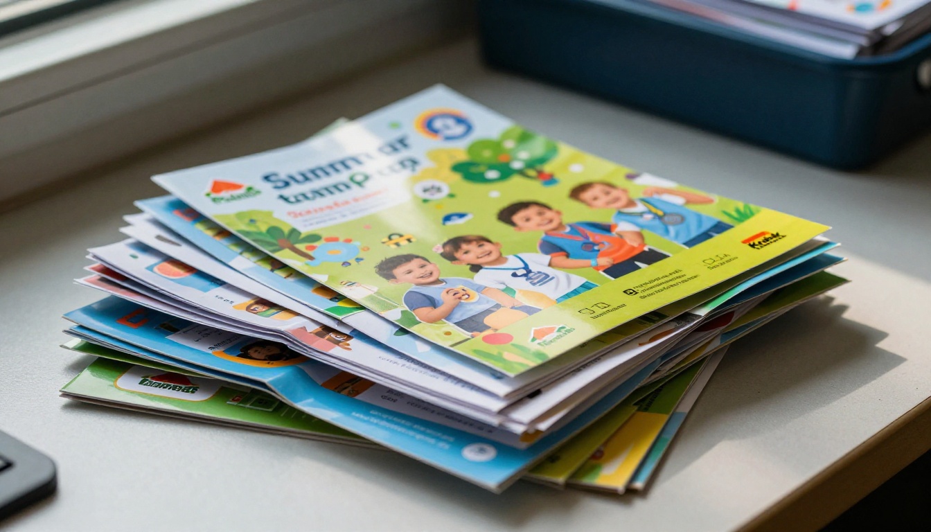 Pile of printed summer camp brochures stacked on an office table Pile of printed summer camp brochures stacked on an office table