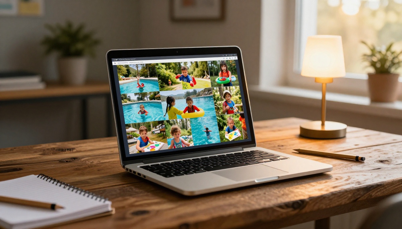 Summer camp flipbook displayed on a laptop screen showing activity photos Summer camp flipbook displayed on a laptop screen showing activity photos