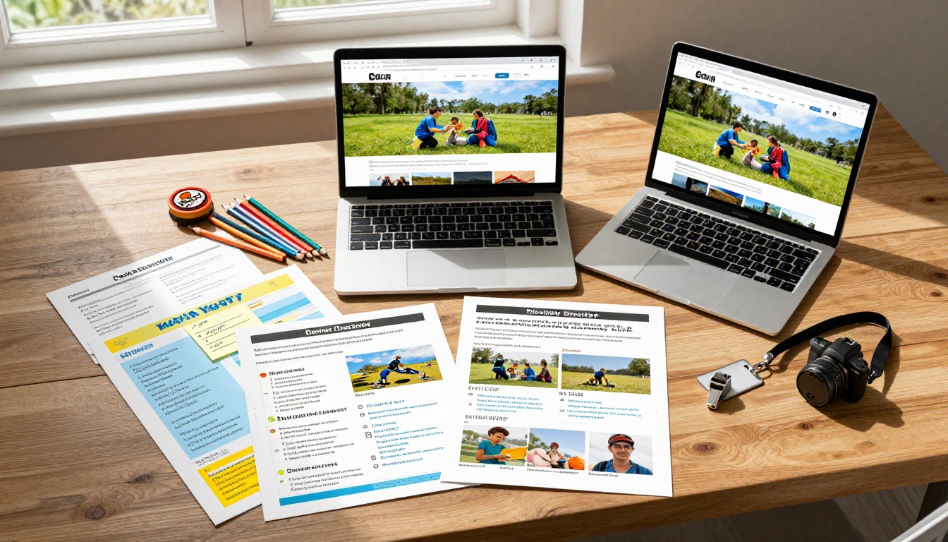 Overhead view of a camp director's workspace with brochures and laptop showing flipbook editor Overhead view of a camp director's workspace with brochures and laptop showing flipbook editor