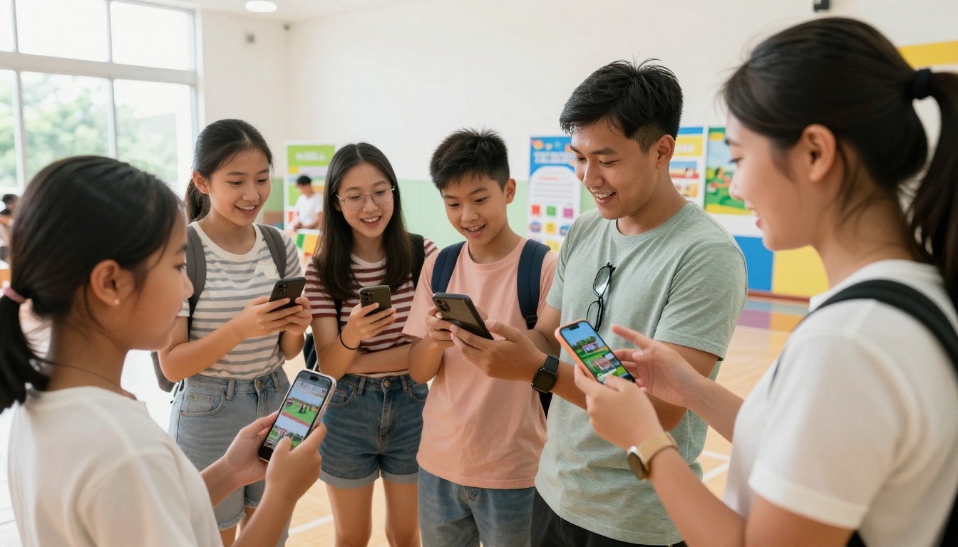 Parents at a summer camp open house event looking at their smartphones Parents at a summer camp open house event looking at their smartphones