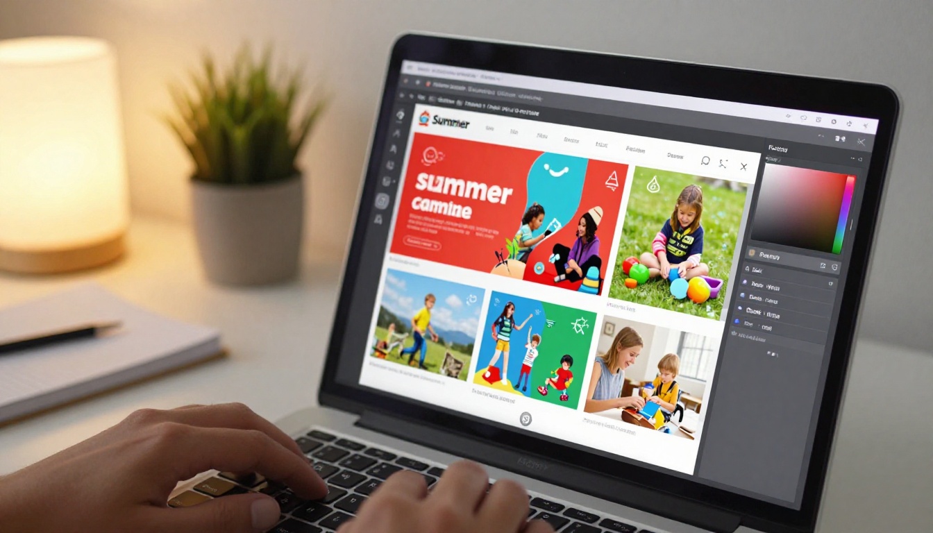 Laptop screen showing flipbook customization interface with summer camp branding colors Laptop screen showing flipbook customization interface with summer camp branding colors