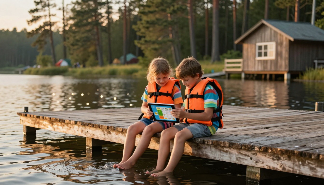 Two children sitting on a camp dock looking at a tablet together Two children sitting on a camp dock looking at a tablet together
