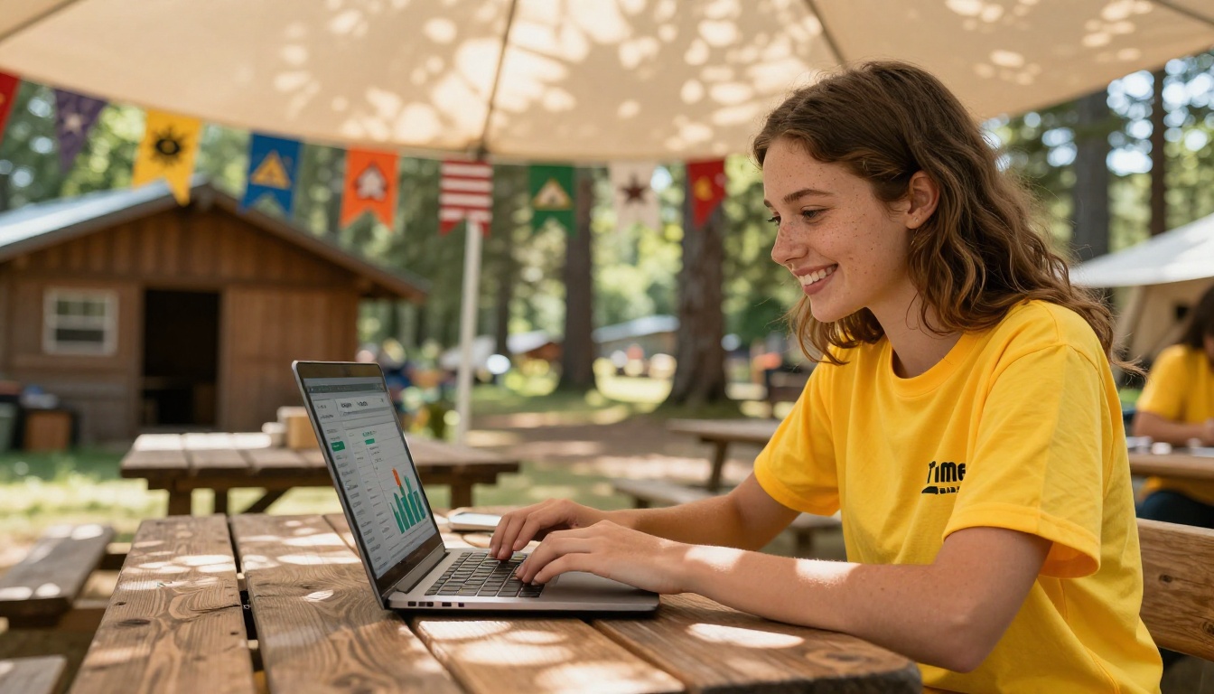 Camp counselor reviewing flipbook analytics on a laptop at an outdoor table Camp counselor reviewing flipbook analytics on a laptop at an outdoor table