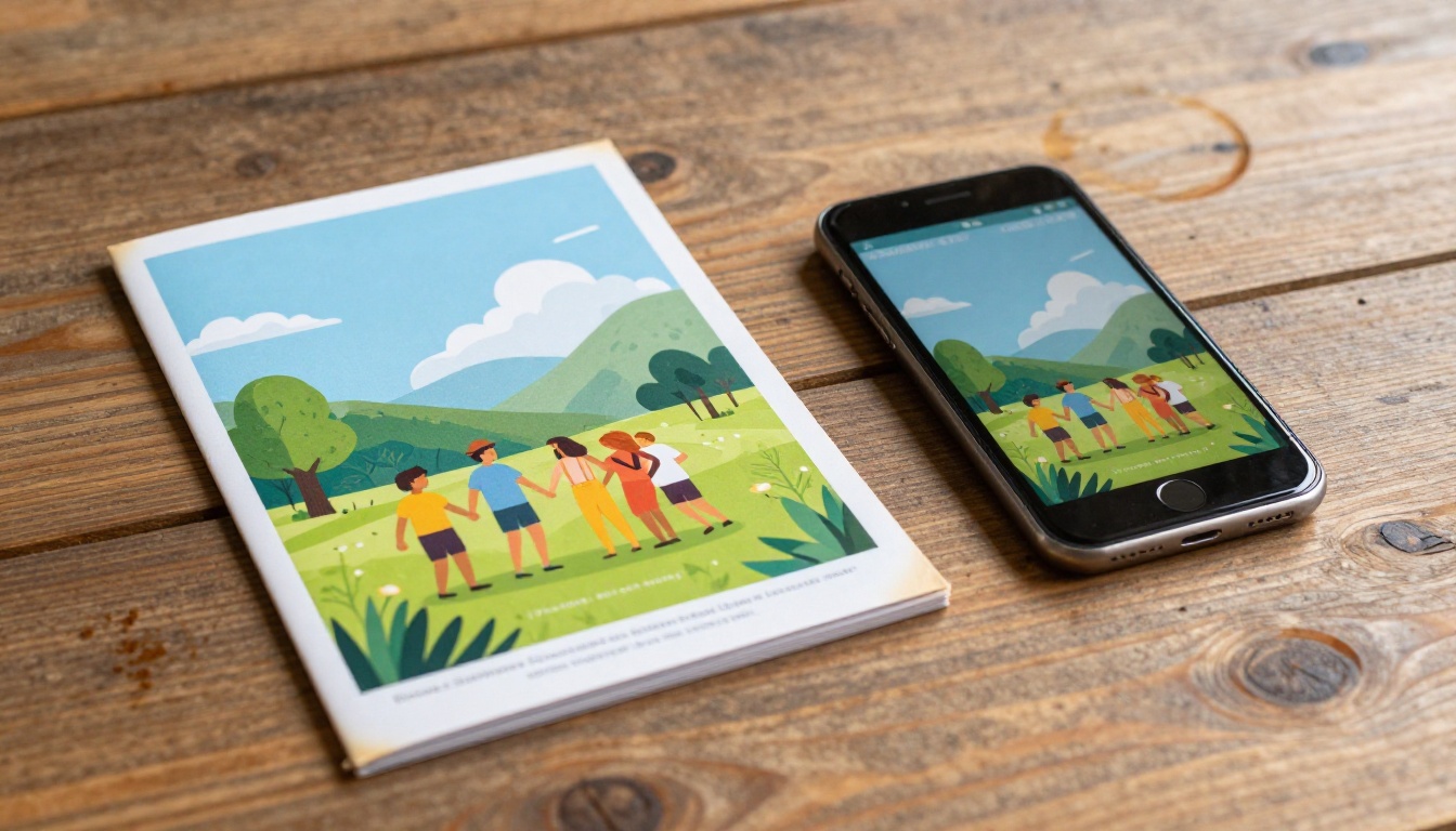 Printed summer camp brochure lying next to a smartphone showing the same brochure as a digital flipbook Printed summer camp brochure lying next to a smartphone showing the same brochure as a digital flipbook