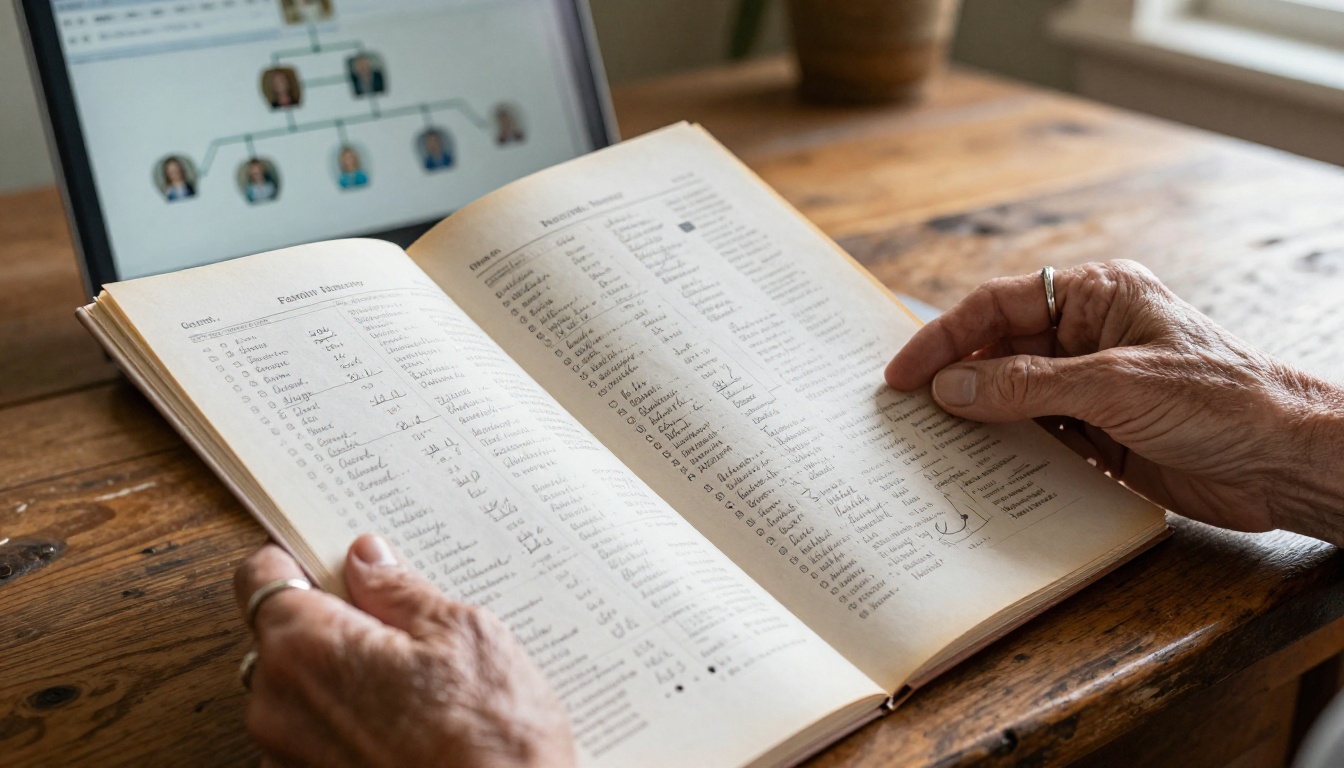 Hands holding a printed genealogy chart with a laptop showing a family tree website in the background