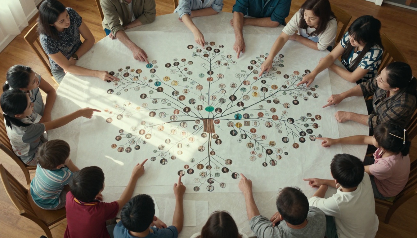 Aerial view of family gathered around a large printed family tree on a dining table
