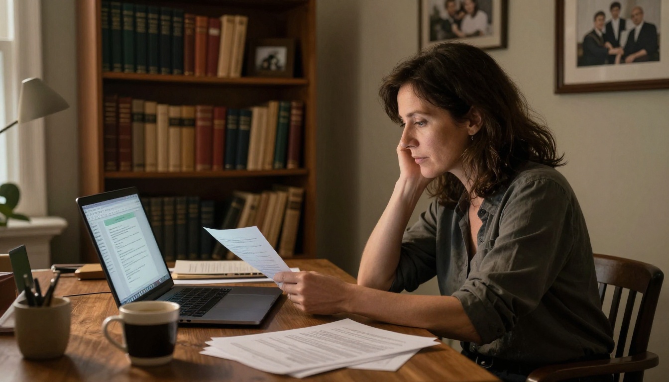 Woman uploading a PDF document to a laptop in a cozy home office surrounded by genealogy albums