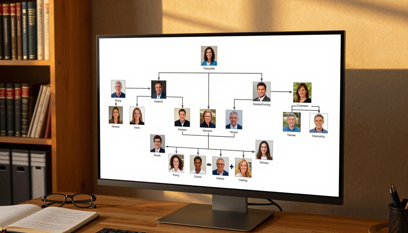 Interactive digital family tree displayed on a widescreen monitor in a warm home study