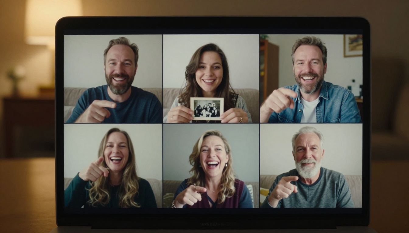 Family video call with multiple generations reacting with smiles to a shared family history presentation on screen