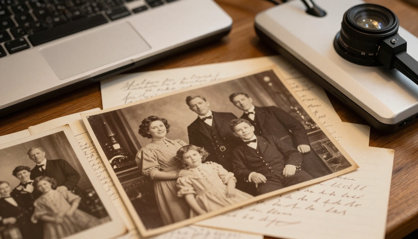 Close-up of old sepia photographs being placed on a flatbed scanner with genealogy documents nearby Close-up of old sepia photographs being placed on a flatbed scanner with genealogy documents nearby