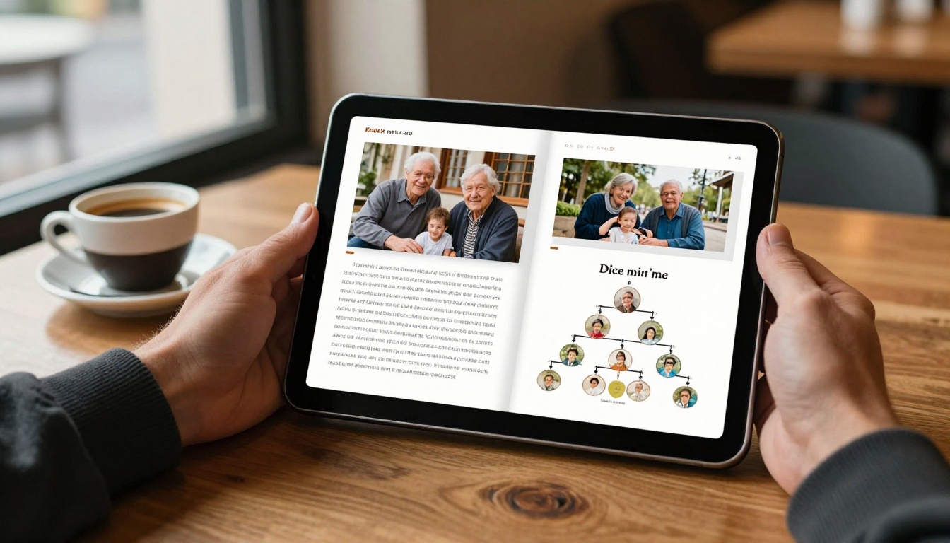 Male hands holding a tablet at a sunlit cafe table displaying a beautifully formatted digital flipbook of family history Male hands holding a tablet at a sunlit cafe table displaying a beautifully formatted digital flipbook of family history