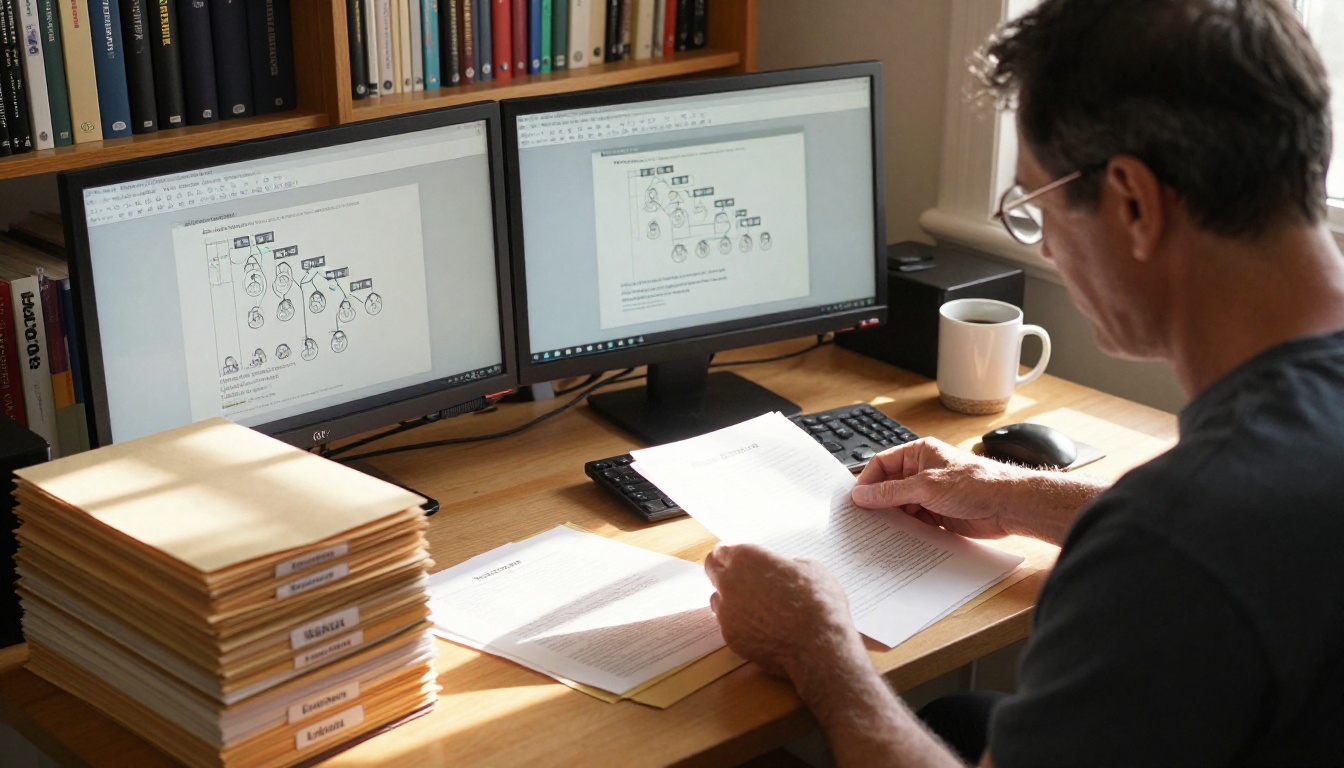 Man carefully organizing genealogy documents at a home office desk with genealogy database on dual monitors Man carefully organizing genealogy documents at a home office desk with genealogy database on dual monitors