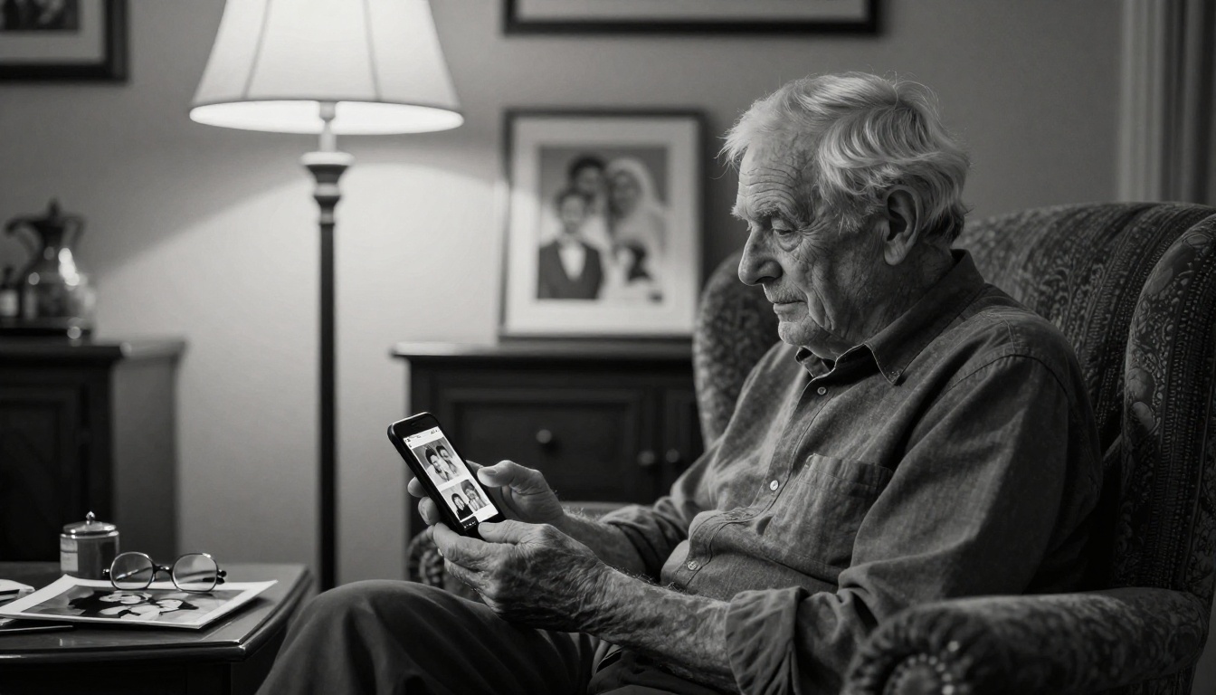 Elderly man looking at black-and-white family photographs while using a smartphone to share them Elderly man looking at black-and-white family photographs while using a smartphone to share them