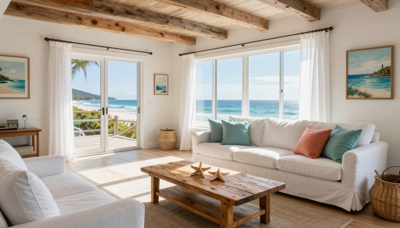 Beach house living room with white shiplap walls and ocean view Beach house living room with white shiplap walls and ocean view