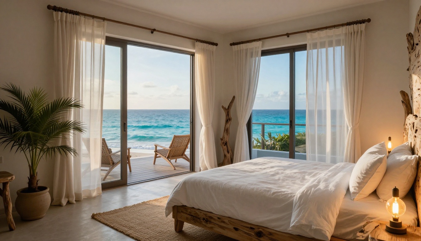 Master bedroom with driftwood headboard and private ocean balcony Master bedroom with driftwood headboard and private ocean balcony