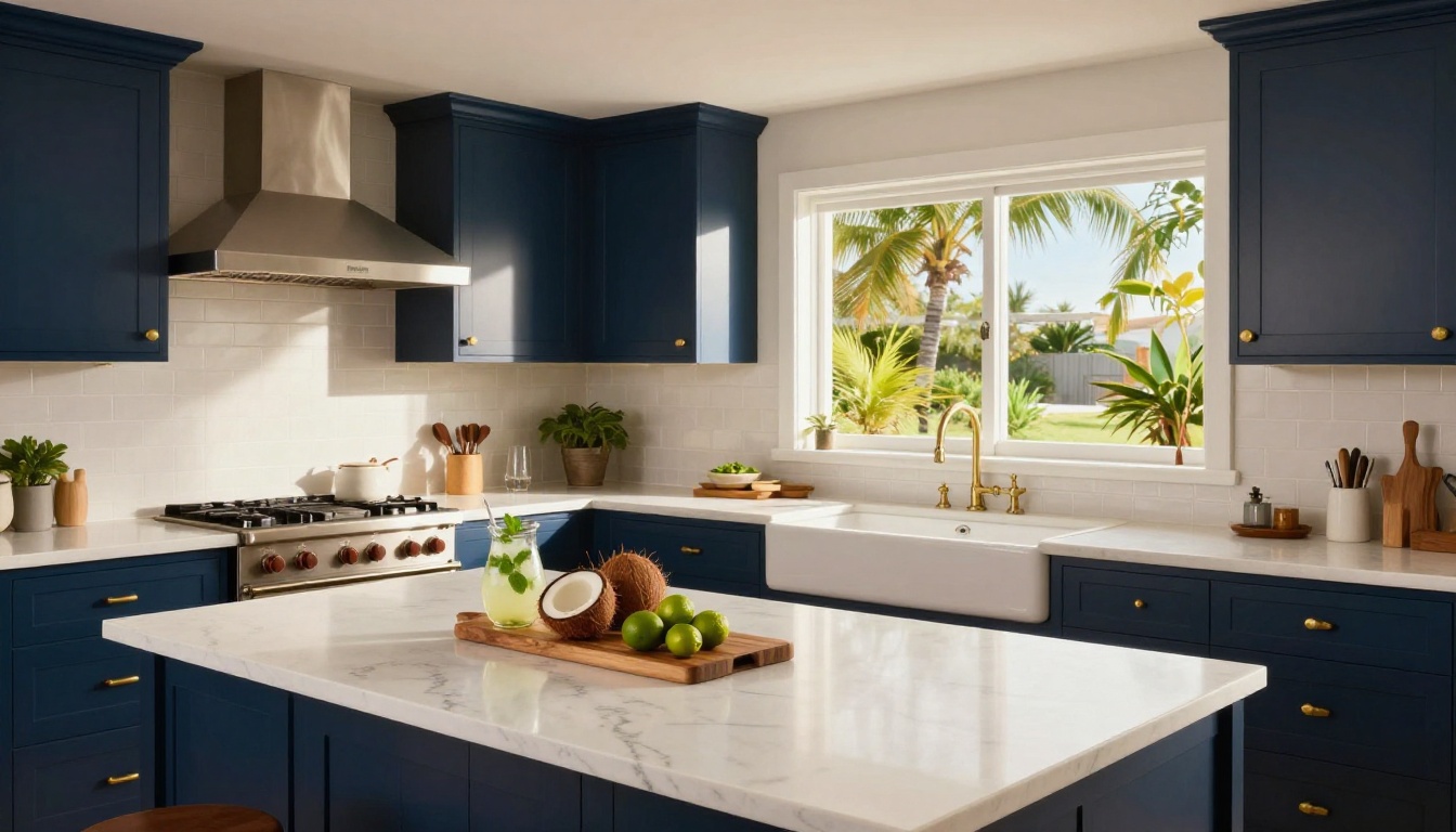 Beach house kitchen with navy Shaker cabinetry and brass hardware Beach house kitchen with navy Shaker cabinetry and brass hardware