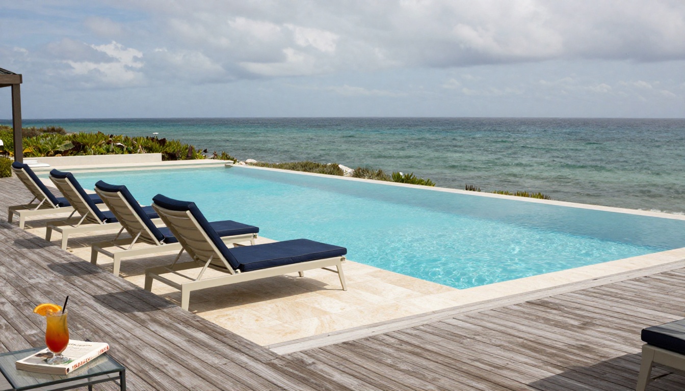 Teak deck with infinity pool and turquoise Atlantic Ocean in the background Teak deck with infinity pool and turquoise Atlantic Ocean in the background