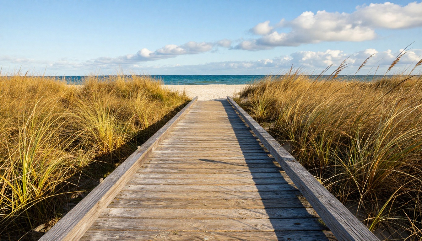 Weathered wooden boardwalk through tall sea oats leading to white sand beach Weathered wooden boardwalk through tall sea oats leading to white sand beach
