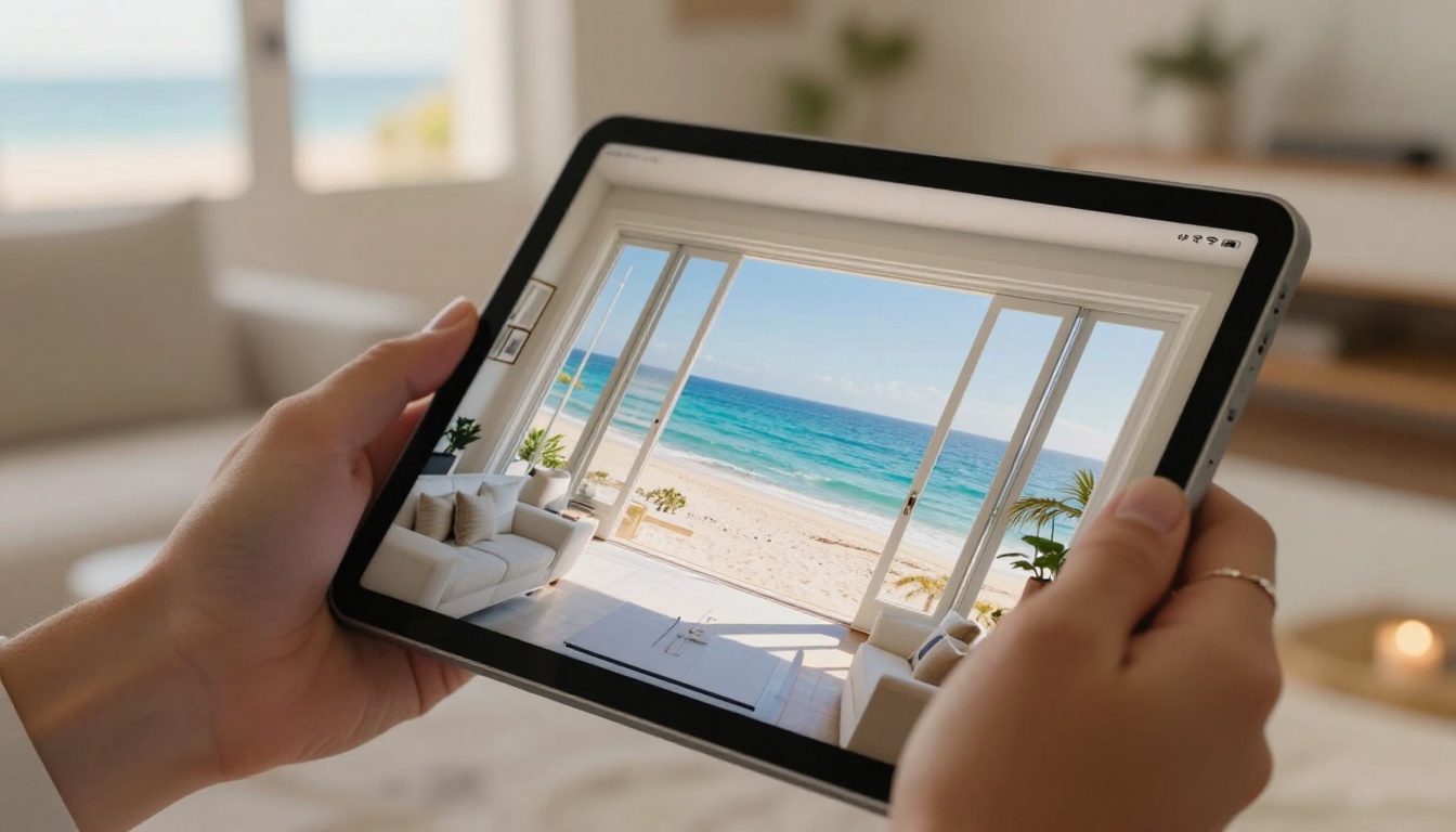 Hands holding tablet showing interactive beach house flipbook with page-flip effect