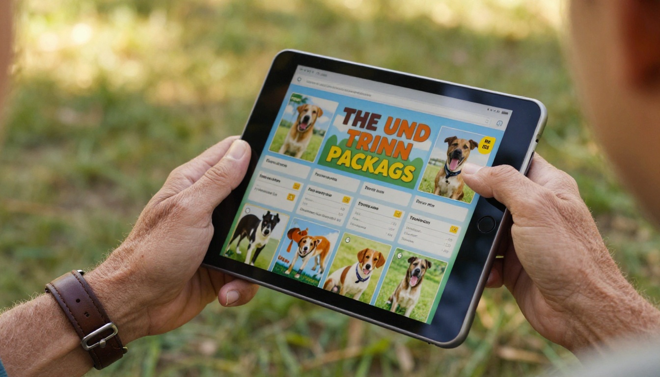Close-up of a dog trainer's hands holding a tablet showing a digital flipbook with training packages