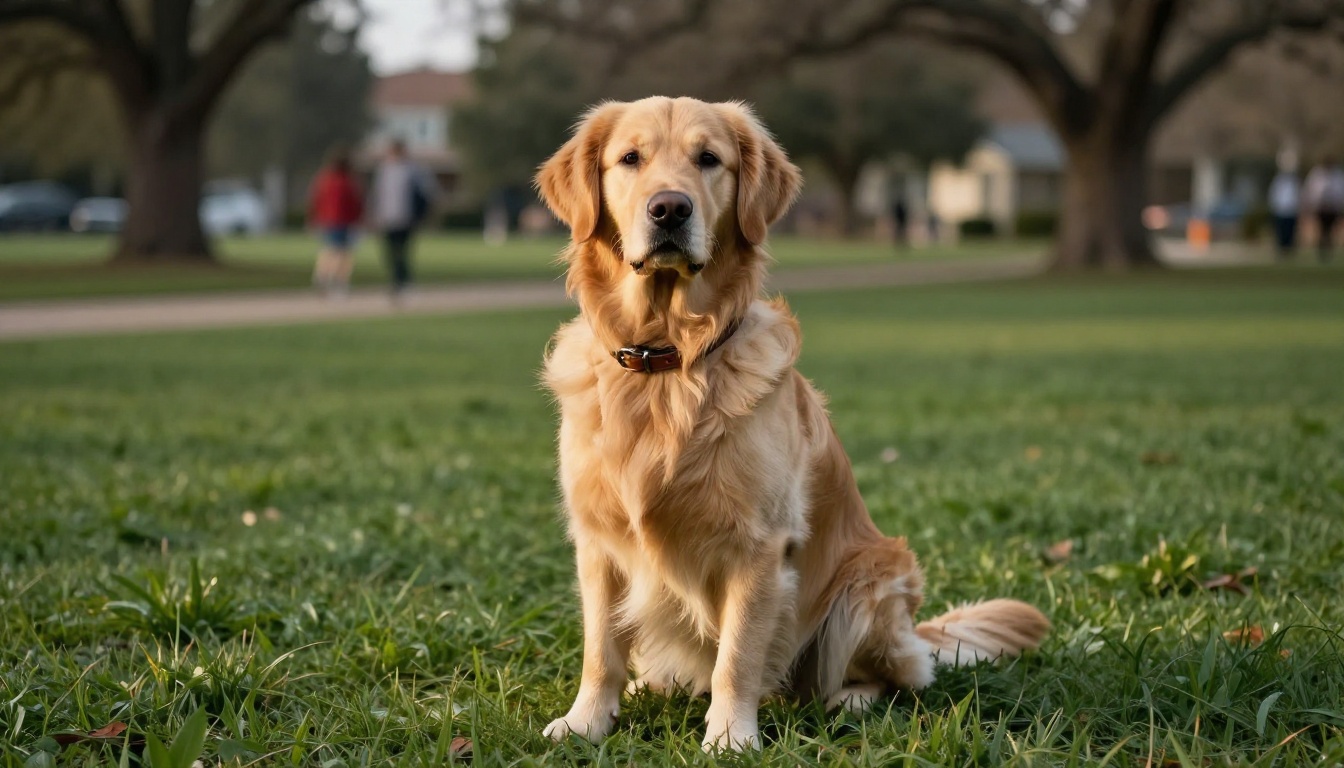 Golden retriever sitting attentively on green grass during a training session