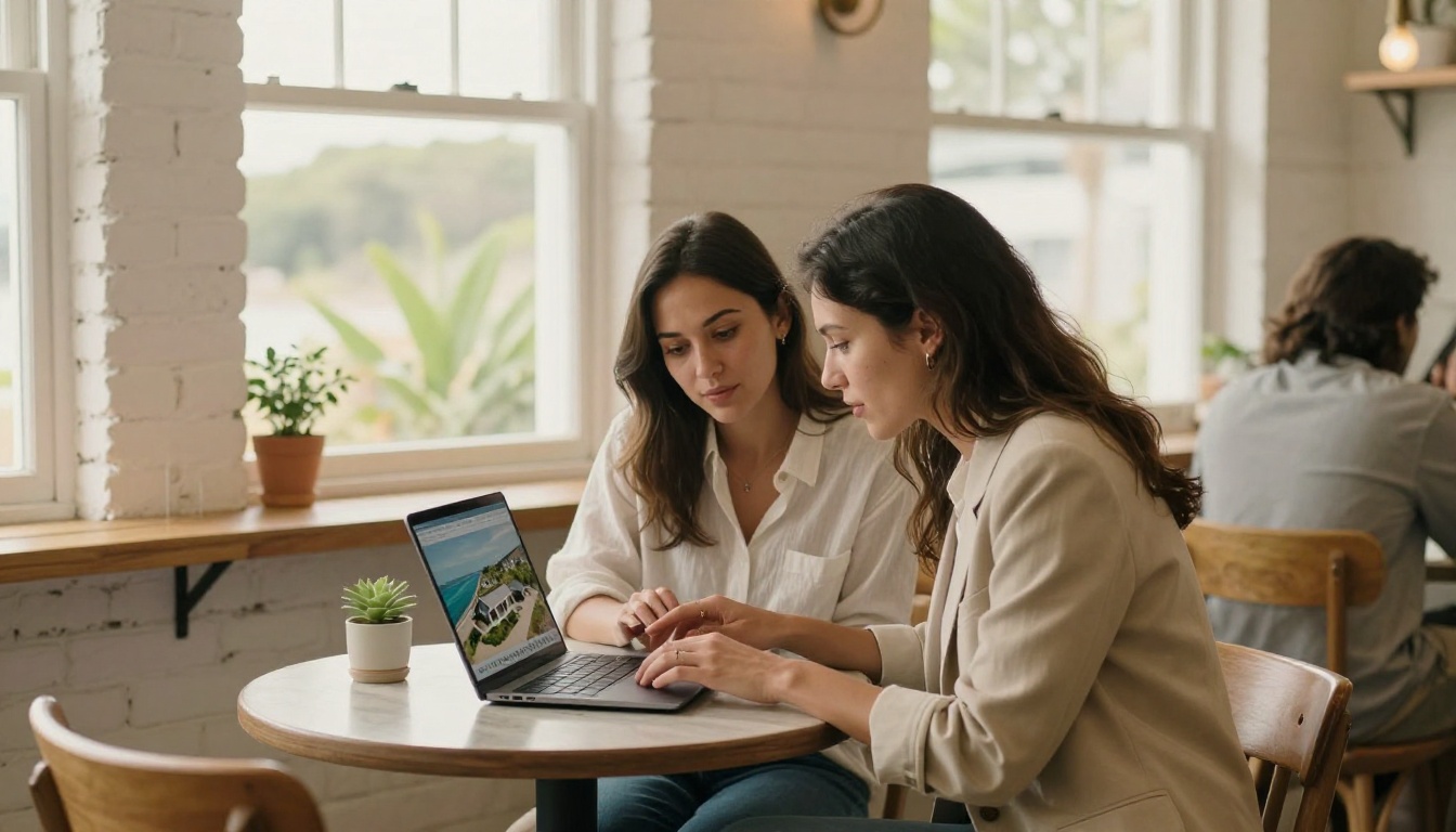 Real estate agent showing beach house listing on laptop to couple in bright coastal café