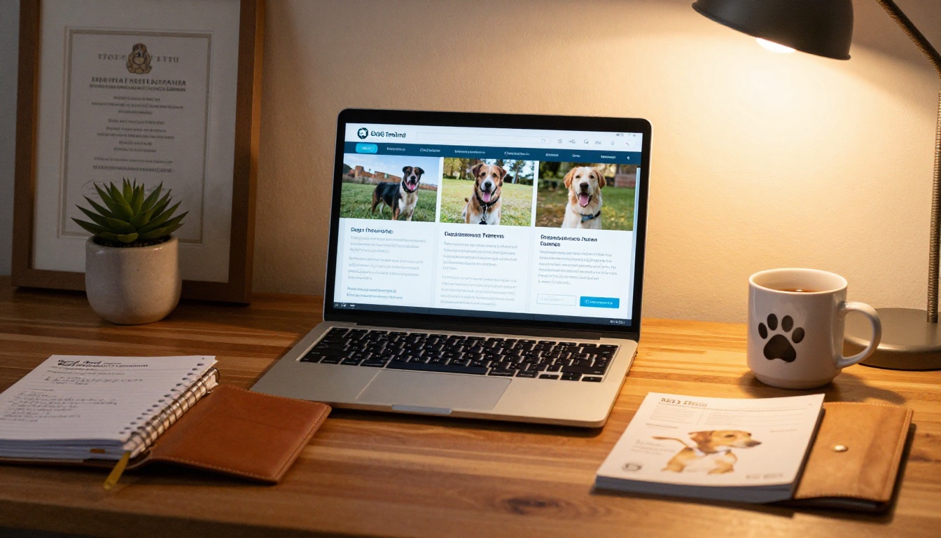 Professional dog trainer's wooden desk with laptop displaying a digital flipbook brochure
