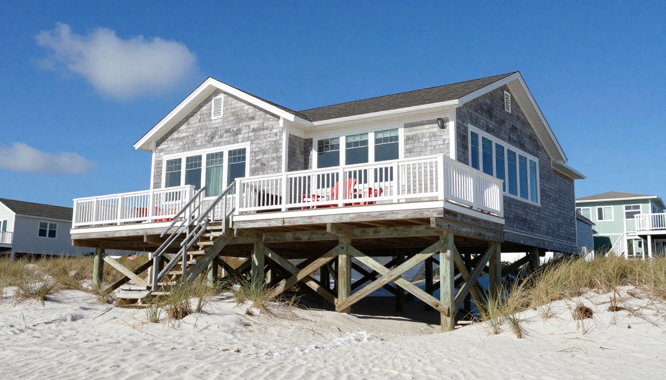 Modern beach house elevated on pilings with wraparound white railings and blue sky