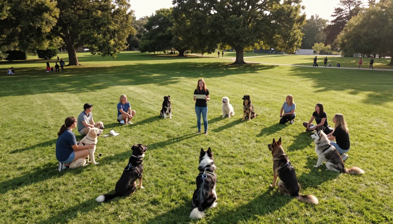 Aerial view of a group dog training class in a sunny public park