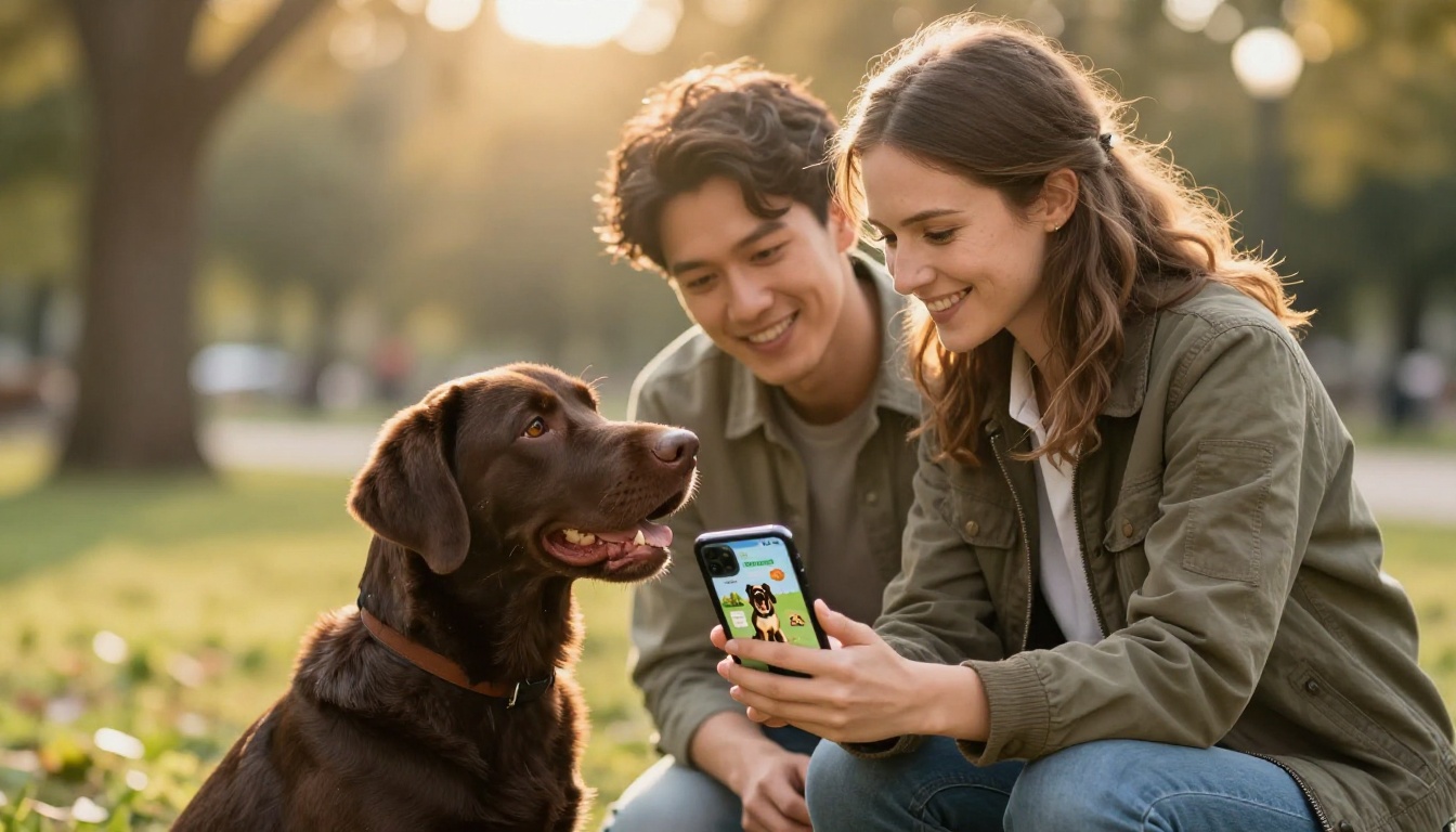 A dog trainer and a young couple reviewing a digital flipbook on a smartphone in a park