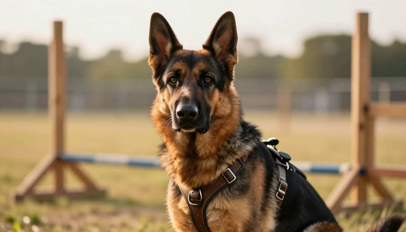German shepherd in an alert pose with professional leather harness and intense intelligent eyes