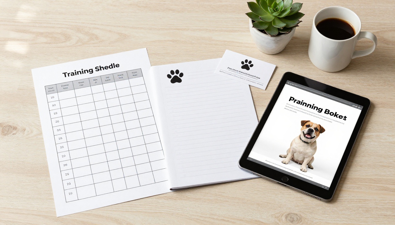 Flat lay of professional dog training marketing materials on a wooden table with a tablet showing a flipbook