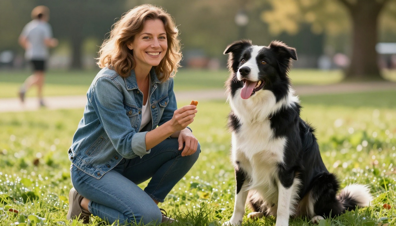 A joyful woman kneeling beside her trained border collie in a sunny park with natural smiles