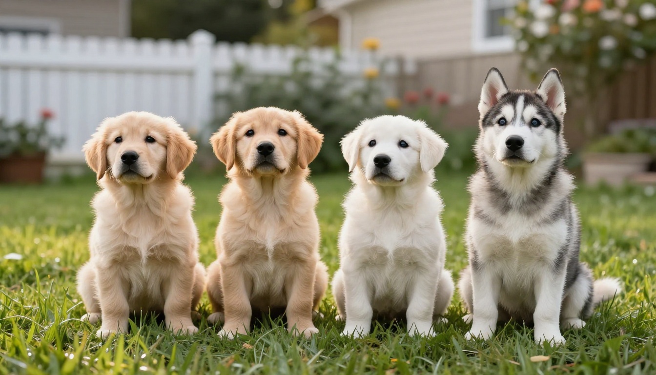 Four puppies sitting in a row on green grass looking up curiously with bright alert eyes