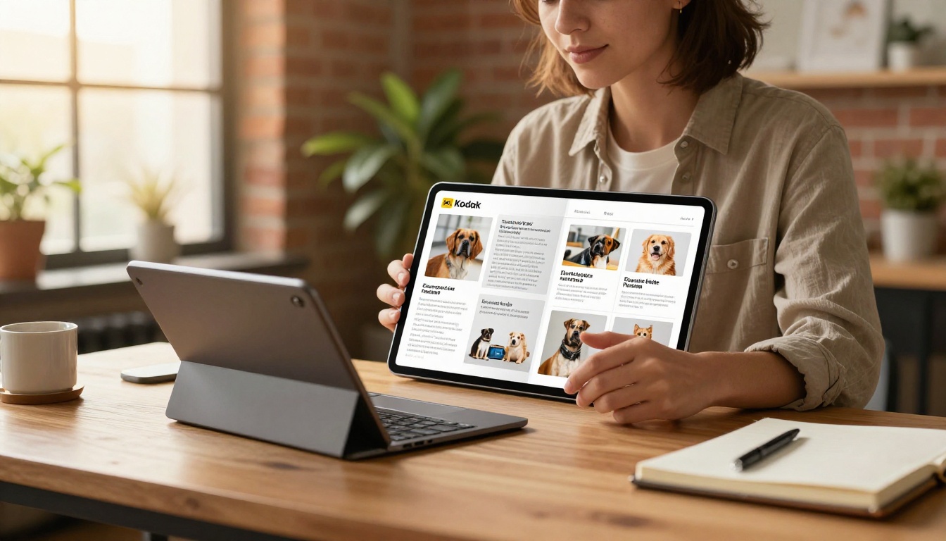 Marketing director reviewing a digital pet catalog on tablet