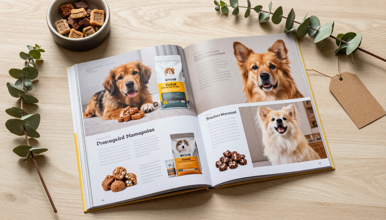 Overhead flatlay of a luxury pet product catalog on oak table