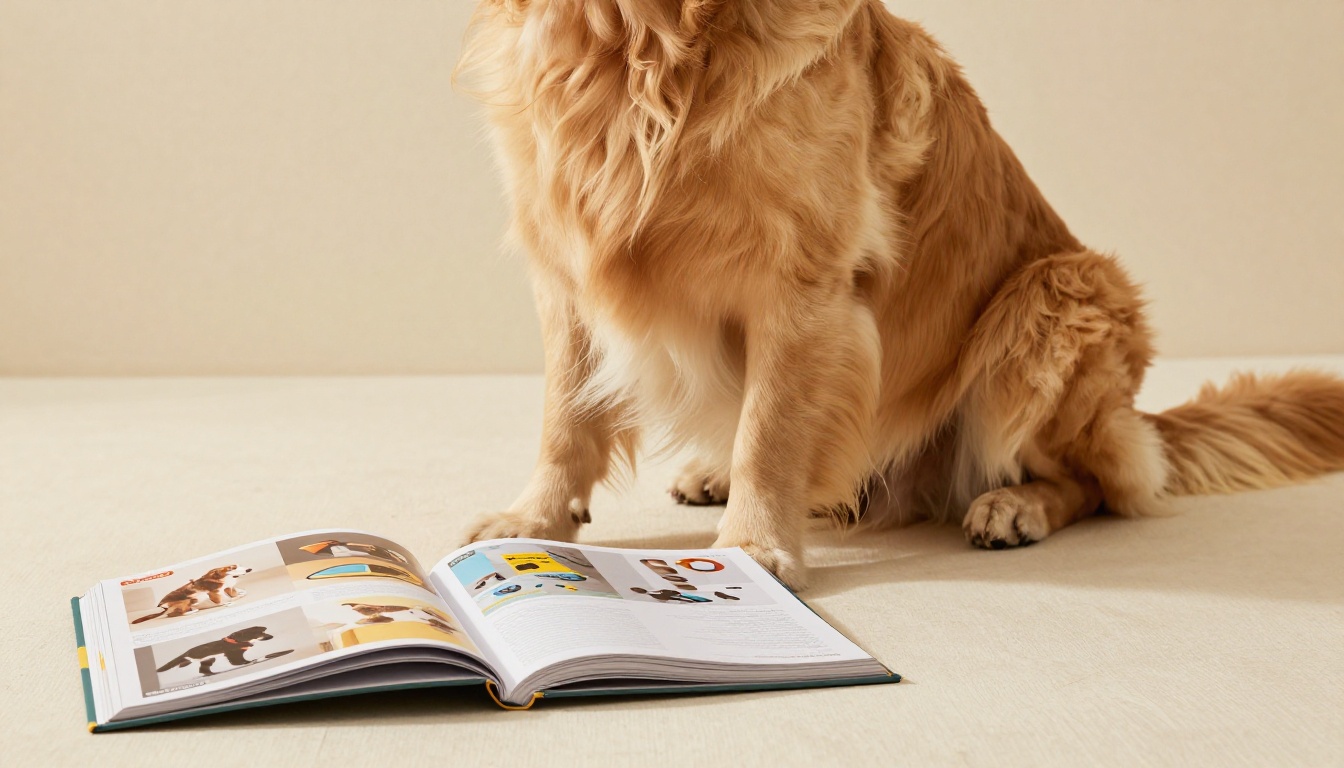 Golden retriever sitting beside an open pet brand catalog