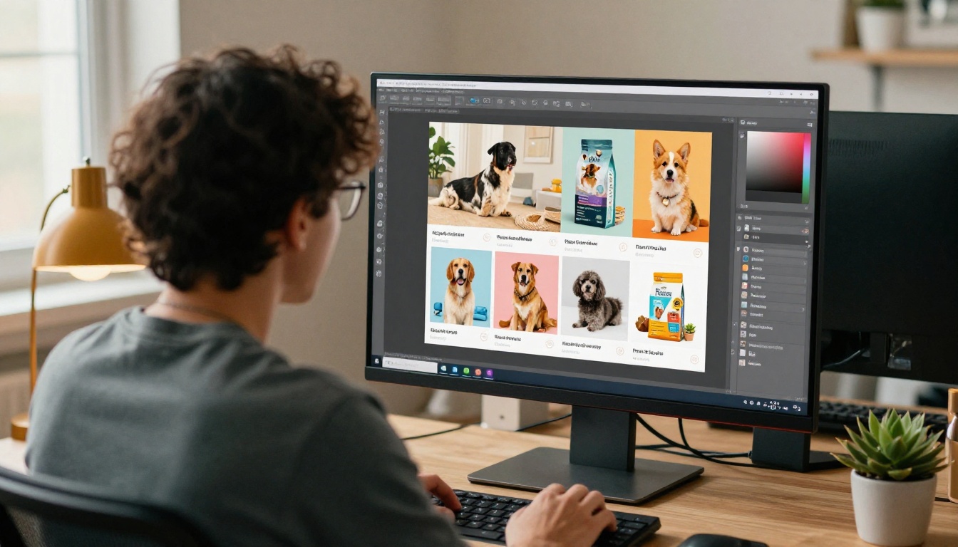 Graphic designer creating a pet catalog layout on large monitor