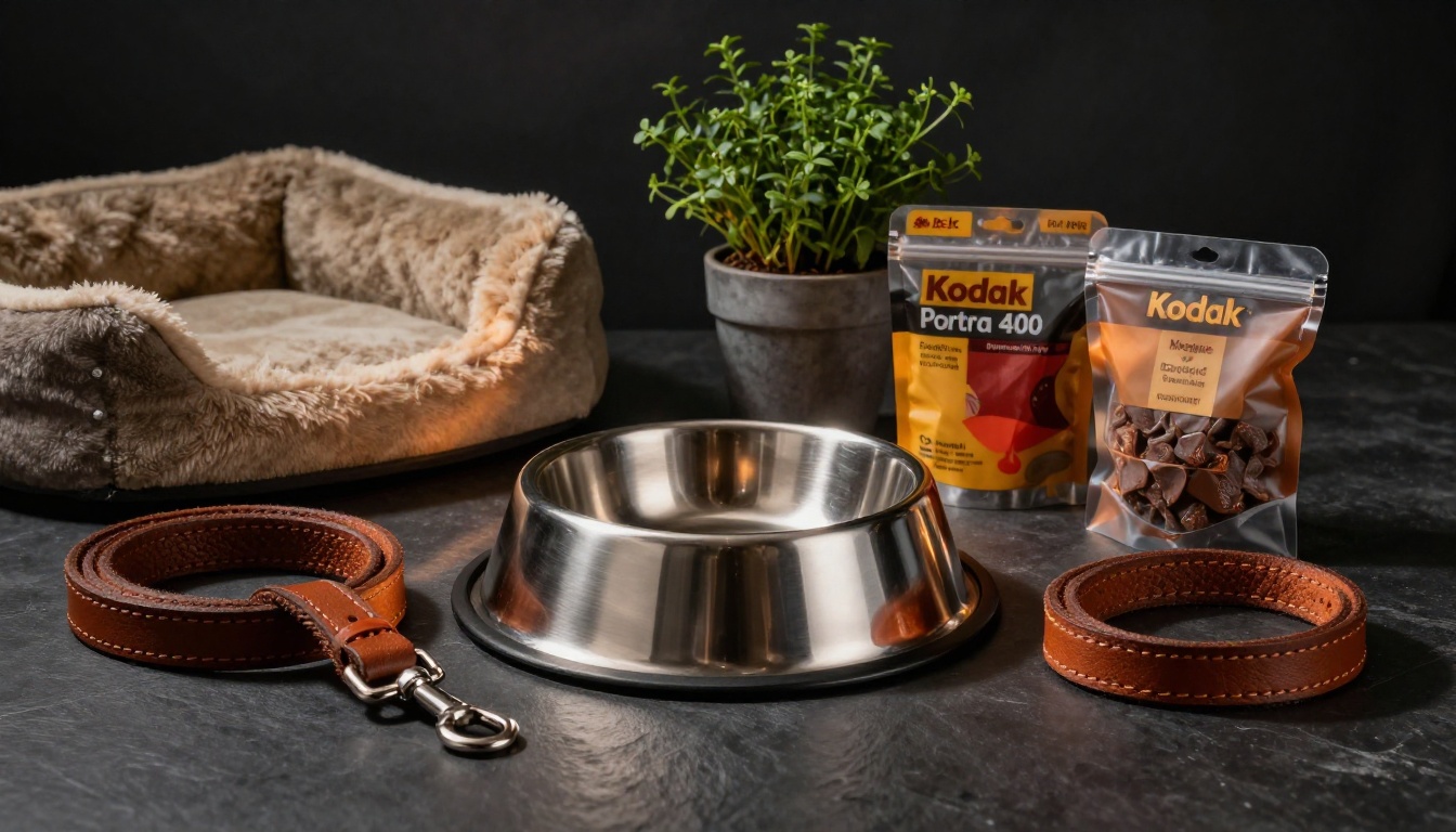 Premium pet accessories arranged for a catalog photo shoot