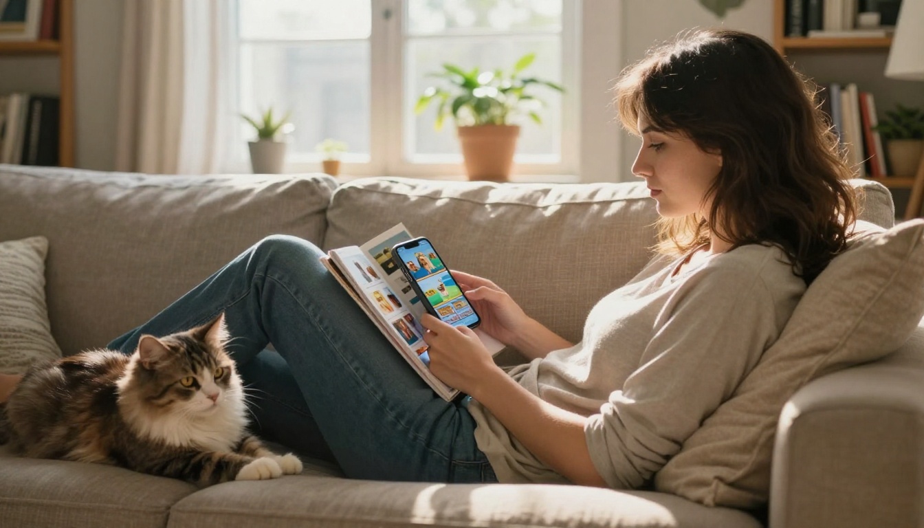 Pet owner browsing a flipbook catalog on smartphone with cat Pet owner browsing a flipbook catalog on smartphone with cat