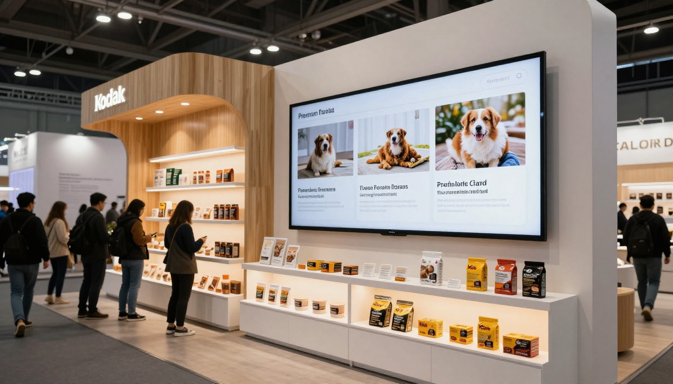 Pet brand trade show booth with digital catalog display on screen Pet brand trade show booth with digital catalog display on screen