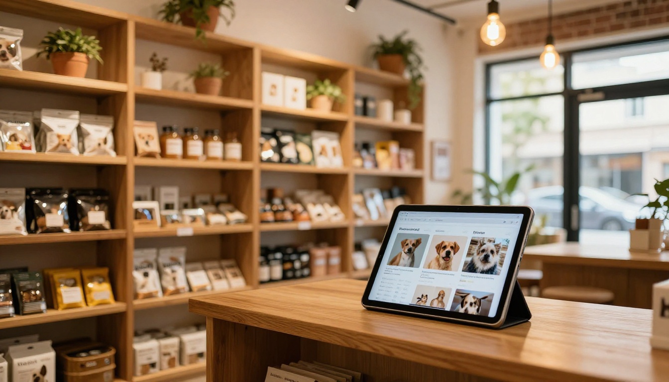 Small pet boutique interior with tablet showing digital catalog Small pet boutique interior with tablet showing digital catalog
