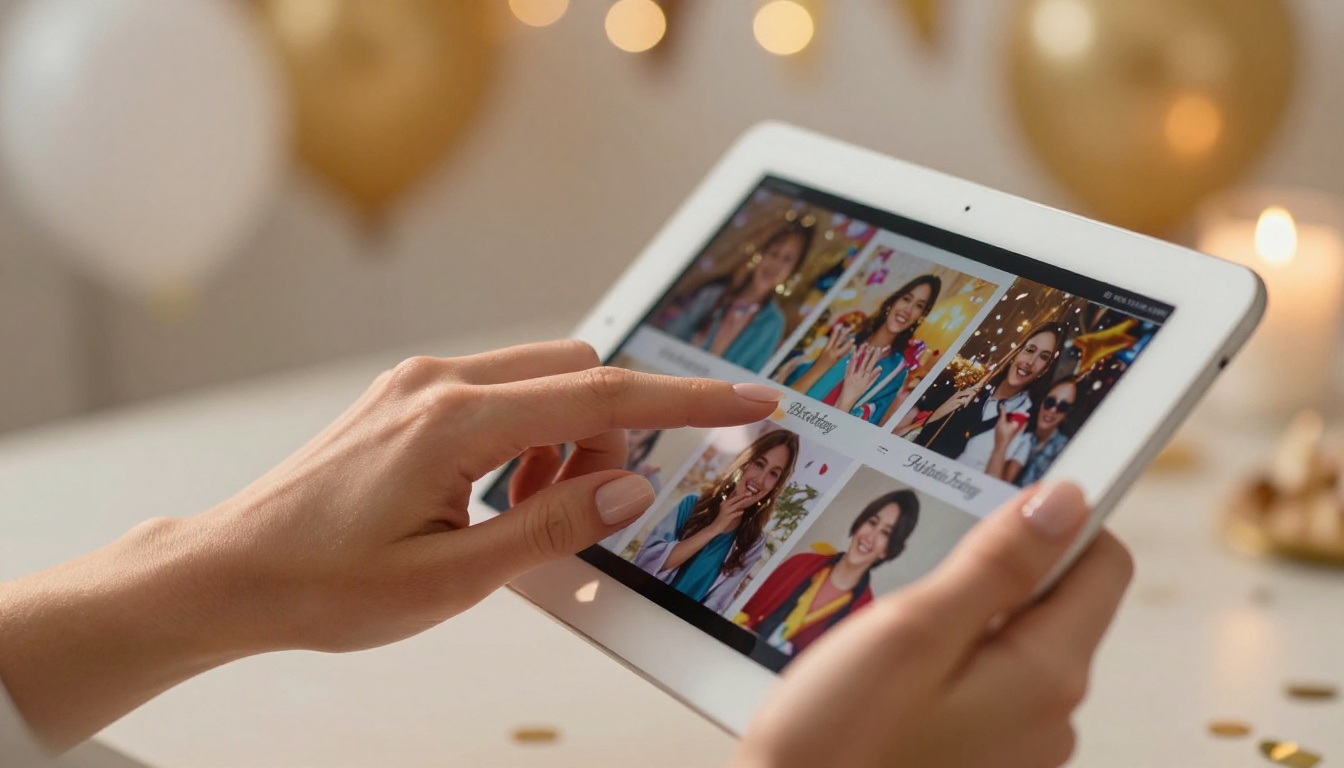 Hands flipping through a digital birthday flipbook on a tablet