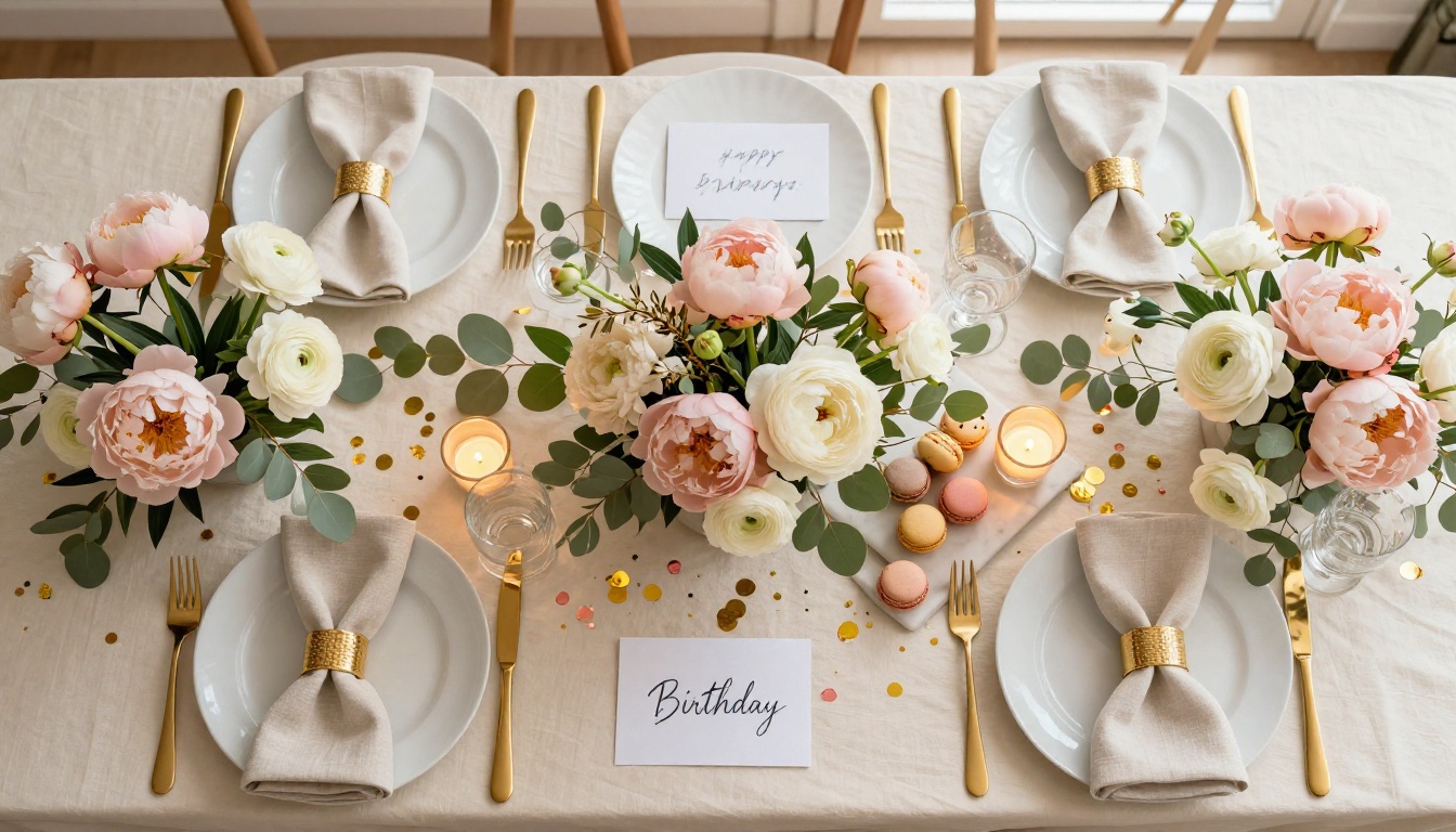Aerial view of a luxurious birthday party table setting with fresh flowers and gold confetti