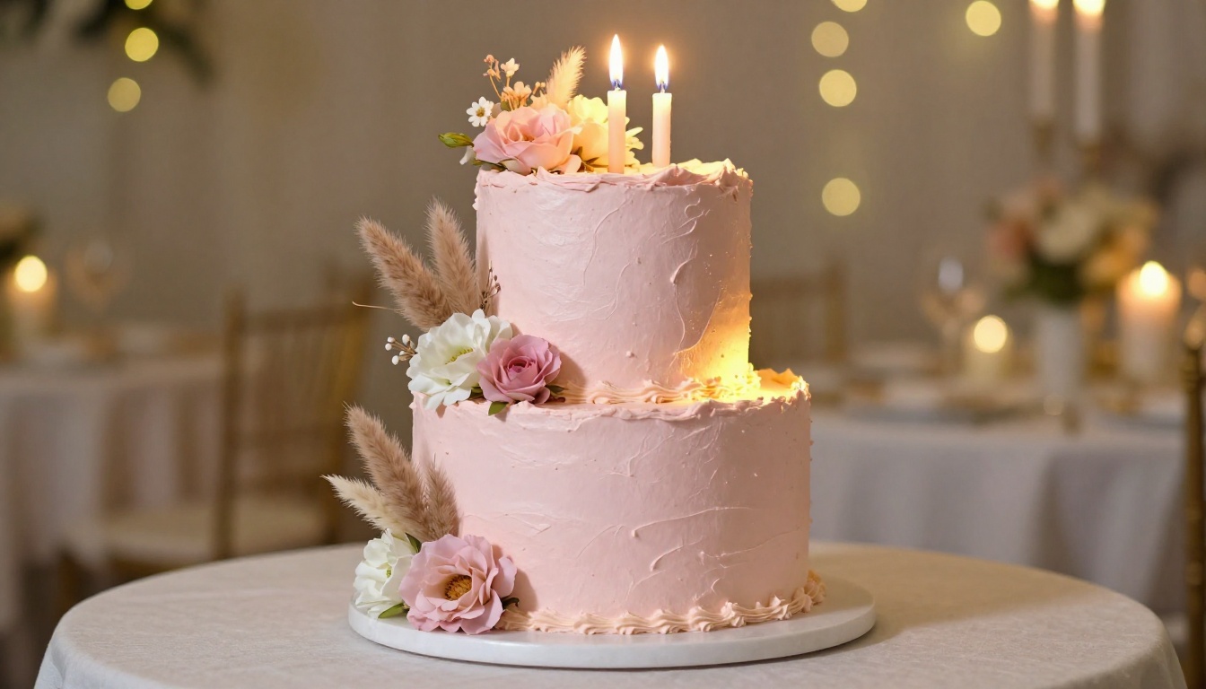 Birthday cake with smooth blush buttercream frosting and soft glowing candle flames