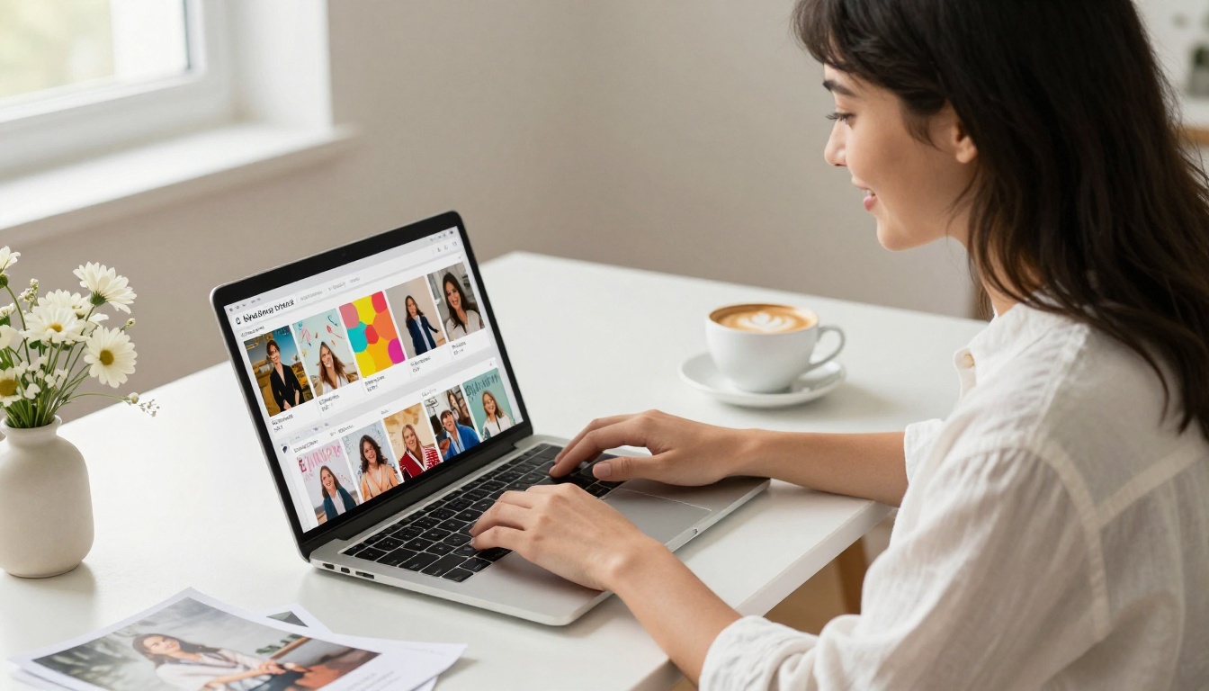 Woman designing a birthday flipbook on a laptop with photos spread on the desk