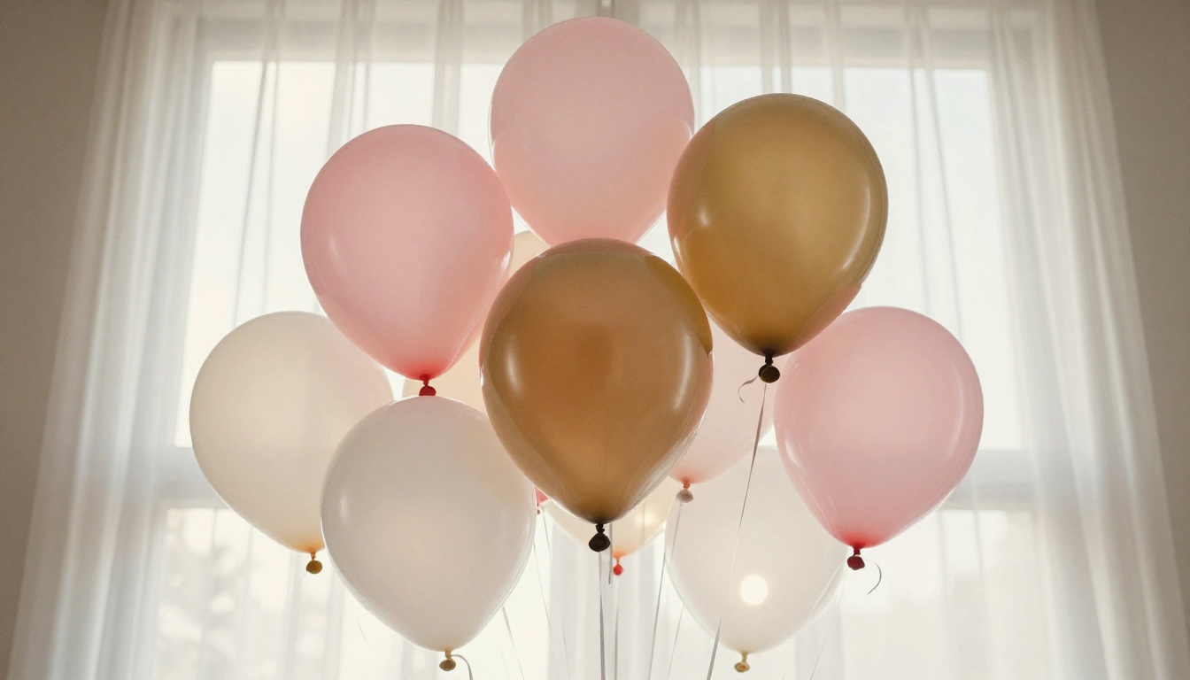 Birthday balloons in blush pink and champagne gold against a bright airy window