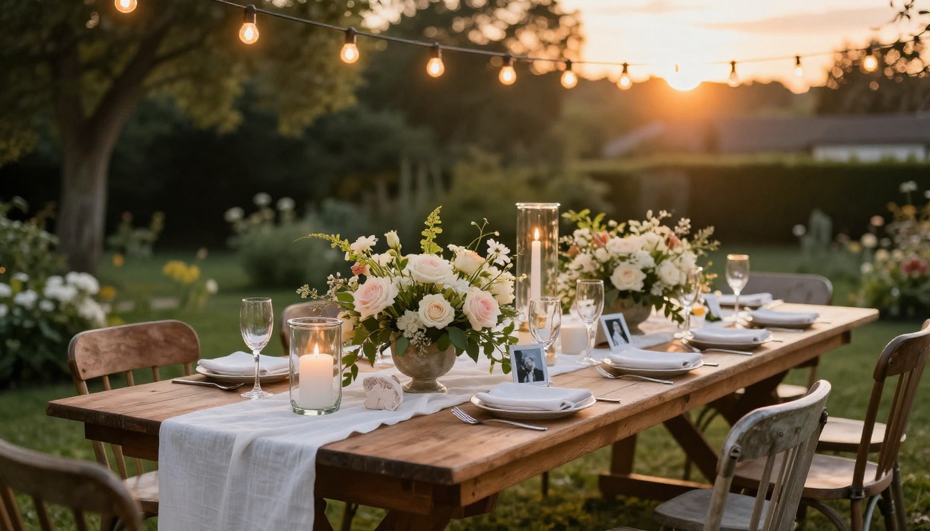 Elegant outdoor birthday party setup at golden hour with string lights and long farm table